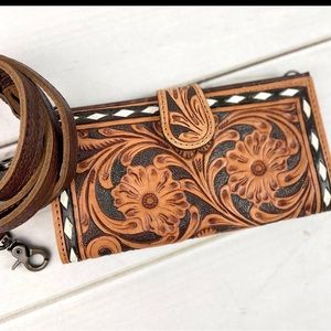 Tooled leather wallet crossbody
